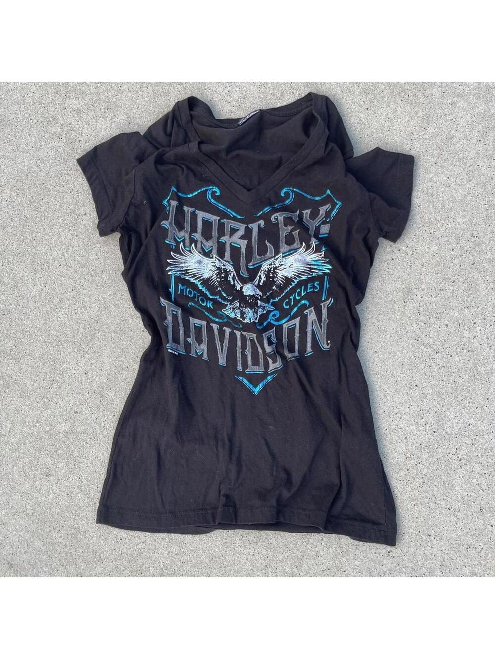Black Harley Davidson motorcycles VNeck y2k Eagle blue chrome graphic print Sz M